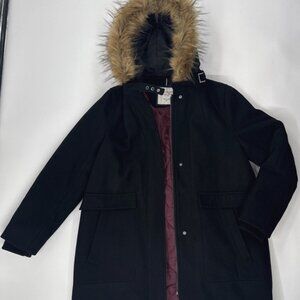 Tommy Hilfiger Wool Coat Womens Large Black Thick Fur Trim Hooded Quilted Liner